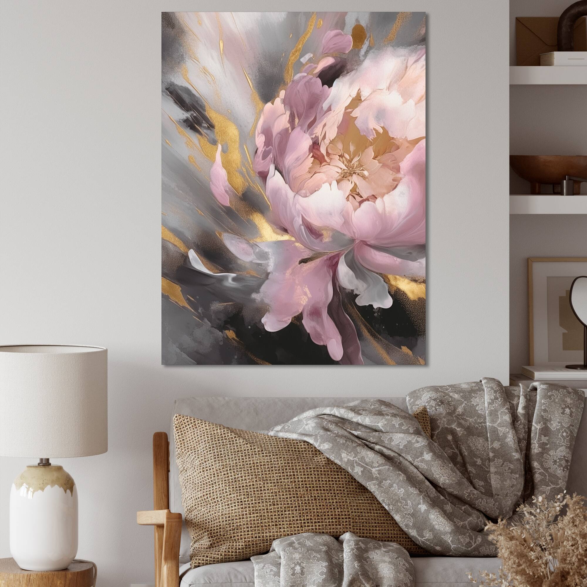 Designart "Enchanted Pink Gold Peony Flower I" Floral Peony Wall Decor